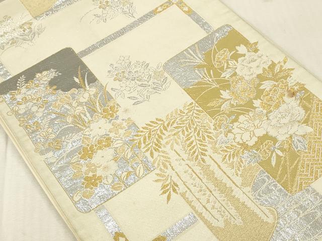平和屋本店▼六通柄 京袋帯 風景花文 プラチナ24金織 正絹 逸品 DABK2284op