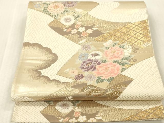 平和屋本店▼六通柄袋帯 唐織 雲取り花文 弐拾四金二重織 正絹 逸品 DABK2287op