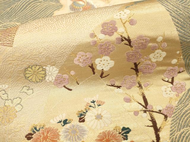 平和屋本店▼六通柄袋帯 唐織 扇面取蒔絵文 本金二重箔 正絹 逸品 DABK2296op
