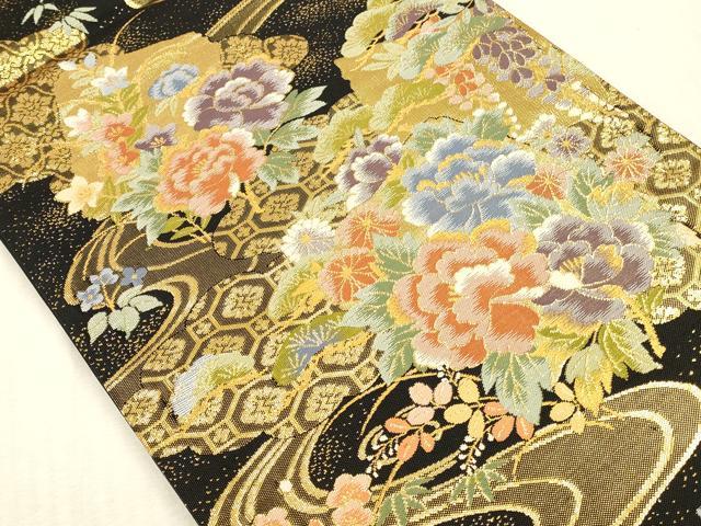 平和屋本店▼六通柄袋帯 華擁錦 黒地 本金二重 正絹 逸品 未使用 DABK2305op