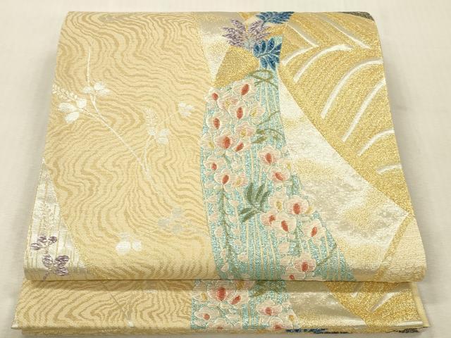 平和屋本店▼六通柄袋帯 墨流し草花文 本金箔 正絹 逸品 未使用 DABK2315op