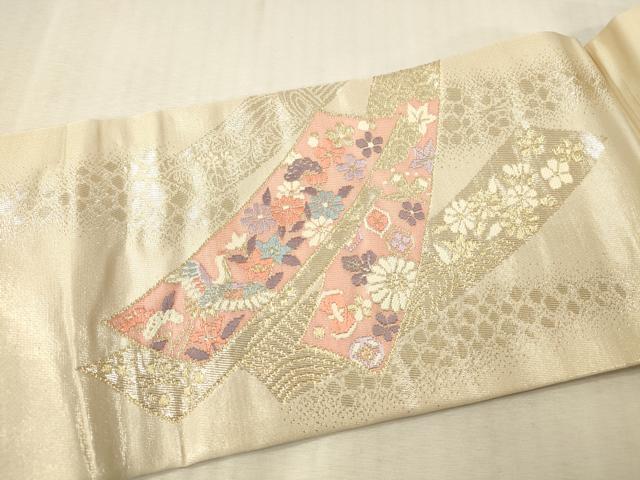 平和屋着物▼九寸名古屋帯 唐織 錦 短冊飛鶴花文 本金箔二重織 正絹 逸品 DABK2318op