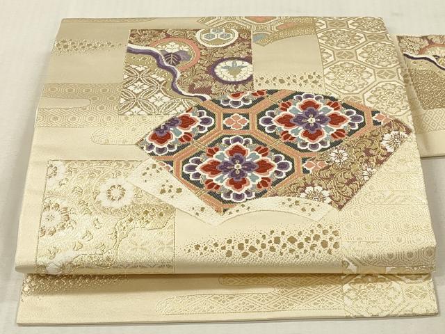 平和屋着物▼九寸名古屋帯 唐織 錦 地紙花文 本金箔二重織 正絹 逸品 DABK2320op