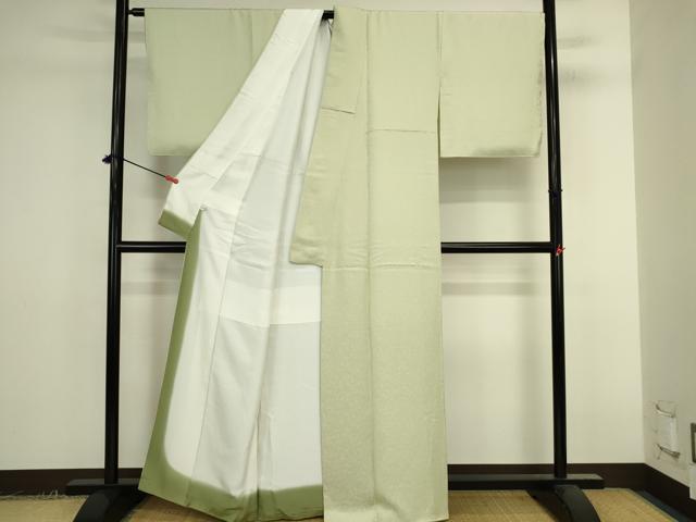平和屋着物●上質なお召 葡萄唐草地紋 若芽色 正絹 逸品 未使用 DABK2384op
