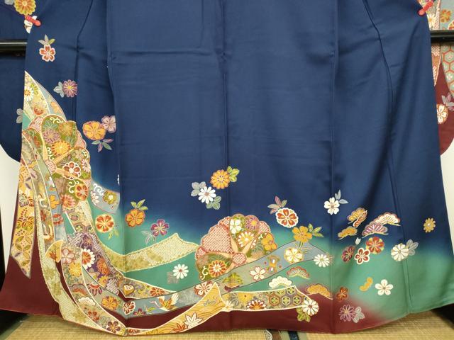 平和屋着物●豪華振袖 駒刺繍 飛鶴花熨斗文 暈し染め 金糸 正絹 逸品 DABK2400op