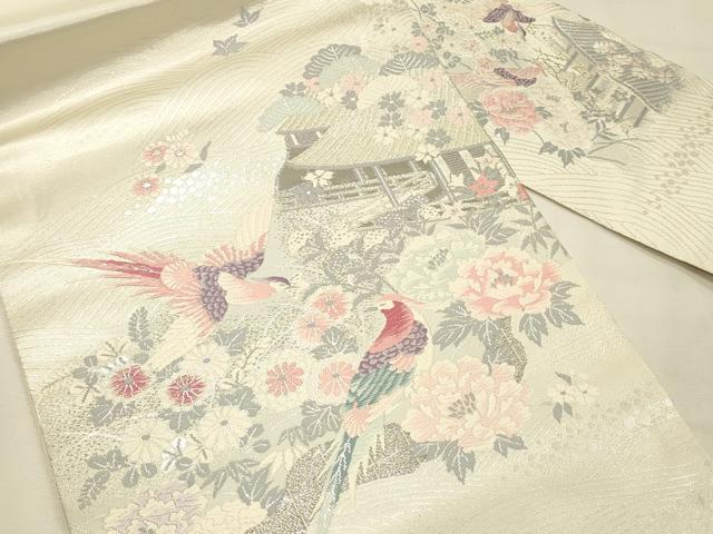 平和屋着物◎九寸名古屋帯 唐織 尾長鳥花文 錦 プラチナ箔 正絹 逸品 DABK2543op