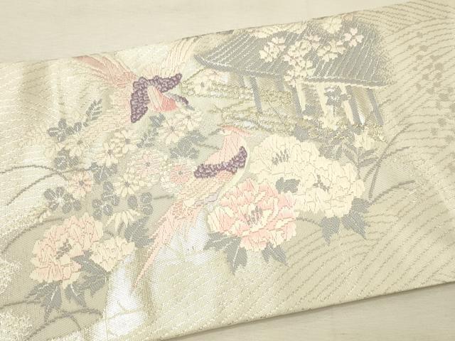平和屋着物◎九寸名古屋帯 唐織 尾長鳥花文 錦 プラチナ箔 正絹 逸品 DABK2543op