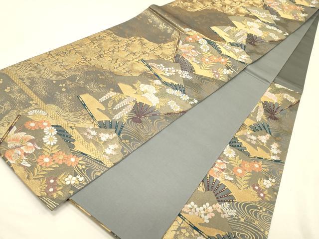 平和屋着物◎六通柄袋帯 唐織 扇面鴛鴦花文 金糸 正絹 逸品 DABK2582op