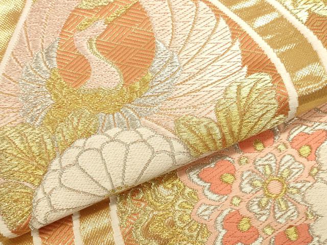 平和屋本店▼六通柄袋帯 唐織 立涌花鳥文 琥珀緞子 本金箔24K 正絹 逸品 DABK2607op