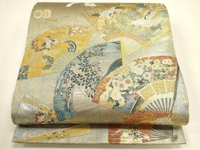 平和屋着物▼極上 西陣あさぎ 全通全景柄袋帯 扇面花鳥文 徳川美術館秘蔵 本金プラチナ二重箔 正絹 逸品 DABK2621op