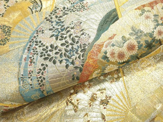 平和屋着物▼極上 西陣あさぎ 全通全景柄袋帯 扇面花鳥文 徳川美術館秘蔵 本金プラチナ二重箔 正絹 逸品 DABK2621op