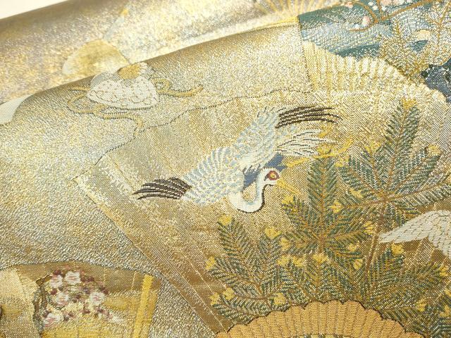 平和屋着物▼極上 西陣あさぎ 全通全景柄袋帯 扇面花鳥文 徳川美術館秘蔵 本金プラチナ二重箔 正絹 逸品 DABK2621op