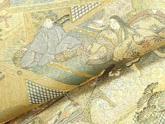 平和屋本店▼極上 西陣あさぎ 丸帯 徳川美術館秘蔵 源氏物語名鑑 プラチナ本金箔一千八百口織 分析通知書・たとう紙付き 未使用 DABK2629op