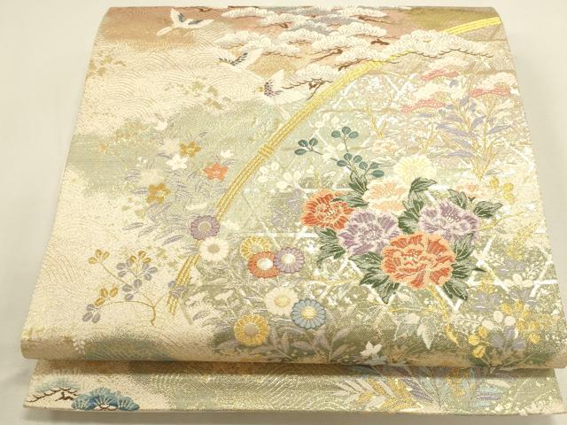 平和屋本店▼六通柄袋帯 唐織 檜垣流水花文 九百本金弐重織 正絹 逸品 DABK2642op