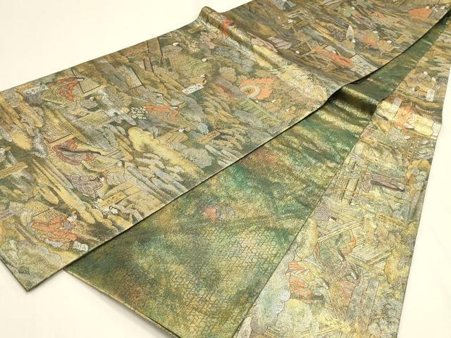 平和屋本店▼極上 西陣あさぎ 全通全景柄袋帯 人物風景文 24金プラチナ二重箔 正絹 逸品 DABK2645op