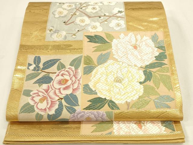 平和屋本店▼六通柄袋帯 唐織 色紙花文 枝梅 純金箔 正絹 逸品 DABK2649op