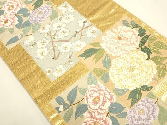 平和屋本店▼六通柄袋帯 唐織 色紙花文 枝梅 純金箔 正絹 逸品 DABK2649op