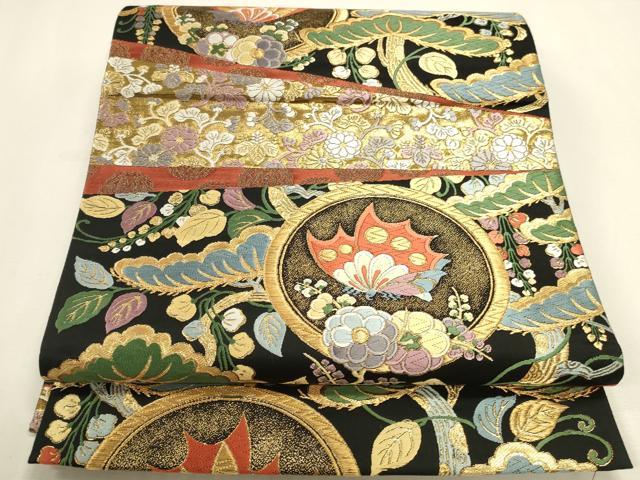 平和屋本店▼六通柄袋帯 唐織 能衣松に蝶の丸 黒地 本金箔 正絹 逸品 DABK2653op
