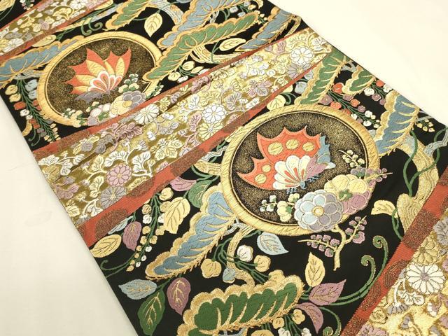 平和屋本店▼六通柄袋帯 唐織 能衣松に蝶の丸 黒地 本金箔 正絹 逸品 DABK2653op