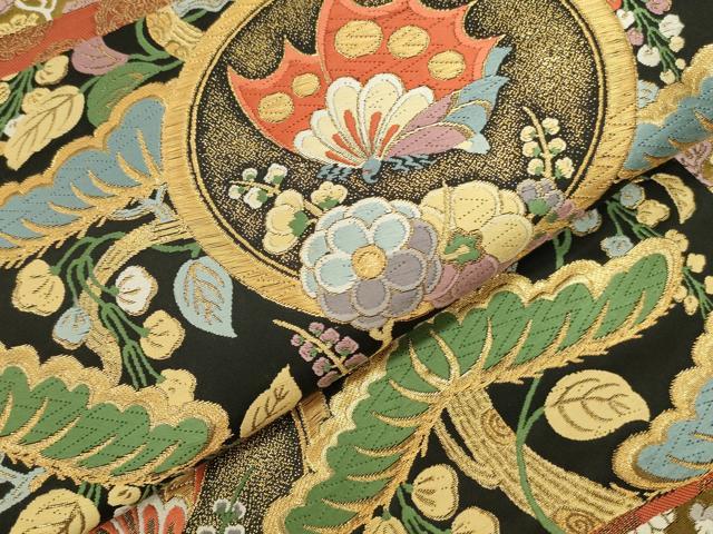 平和屋本店▼六通柄袋帯 唐織 能衣松に蝶の丸 黒地 本金箔 正絹 逸品 DABK2653op