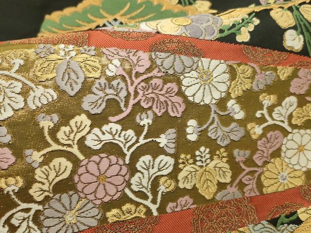 平和屋本店▼六通柄袋帯 唐織 能衣松に蝶の丸 黒地 本金箔 正絹 逸品 DABK2653op