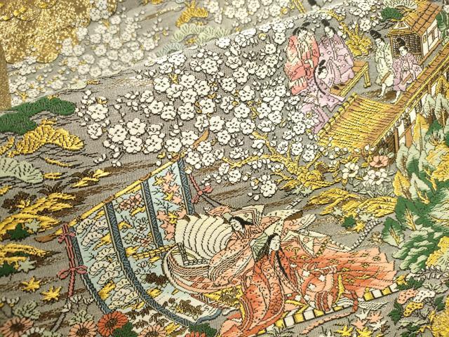 平和屋本店▼全通全景柄袋帯 唐織 人物花文 弐拾四金箔 正絹 逸品 未使用 DABK2654op