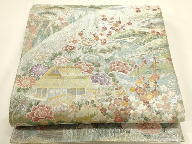 平和屋本店▼極上 西陣あさぎ 両方向 全通全景柄袋帯 日本美術史 壱阡八百口織 プラチナ箔 本金箔 証紙付き 正絹 逸品 DABK2668op