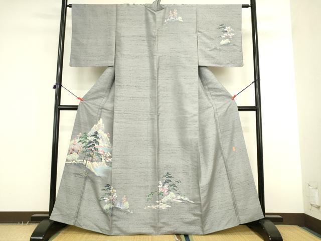 平和屋着物●十日町友禅作家 岡村蒼風 訪問着 紬地 風景花松文 暈し染め 正絹 逸品 DABK2756op