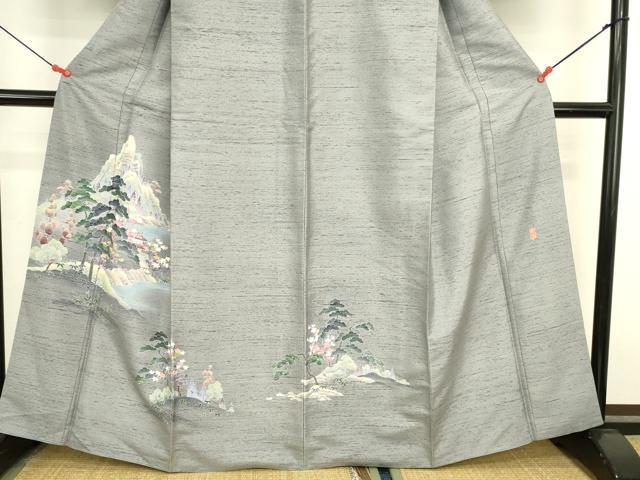 平和屋着物●十日町友禅作家 岡村蒼風 訪問着 紬地 風景花松文 暈し染め 正絹 逸品 DABK2756op