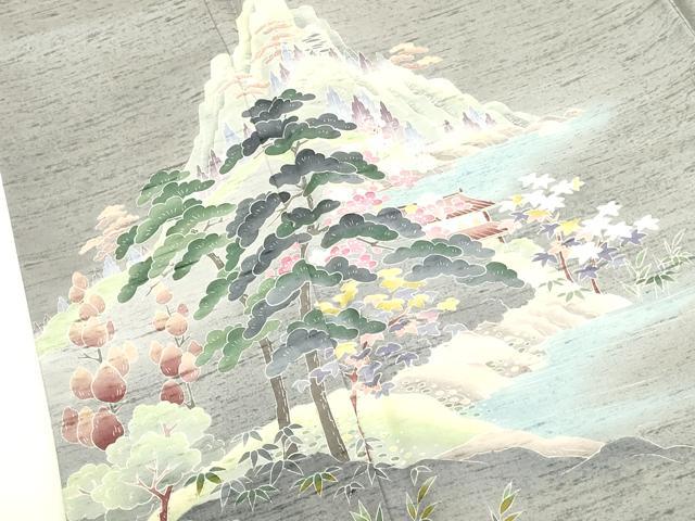 平和屋着物●十日町友禅作家 岡村蒼風 訪問着 紬地 風景花松文 暈し染め 正絹 逸品 DABK2756op