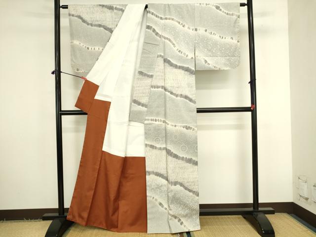 平和屋着物●訪問着 紬地 杢目絞り 花唐草文 暈し染め 正絹 逸品 DABK2794op
