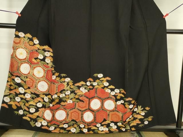 平和屋着物▼黒留袖 駒刺繍 亀甲花文 金彩 洗える着物 DABK2903op