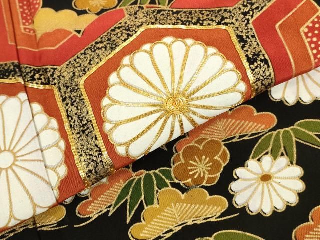平和屋着物▼黒留袖 駒刺繍 亀甲花文 金彩 洗える着物 DABK2903op