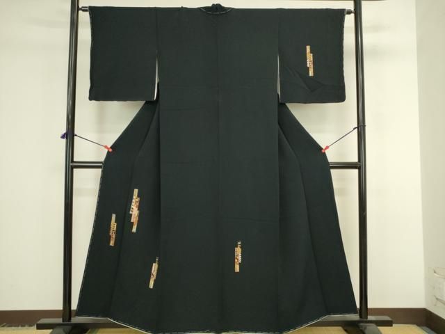 平和屋着物●訪問着 駒刺繍 総刺繍 短冊花文 濃紺地 金糸 鬼しぼ縮緬 ますいわ屋扱い 正絹 逸品 未使用 DABK2942op