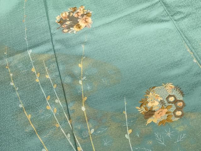 平和屋着物●中国三大刺繍 スワトウ刺繍 汕頭刺繍 訪問着 草花丸文 金彩 正絹 逸品 DABK2952op
