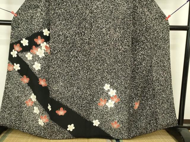 平和屋着物●訪問着 舞花 黒地 たたき染め 鬼しぼ縮緬 高島屋扱い 正絹 逸品 DABK2981op
