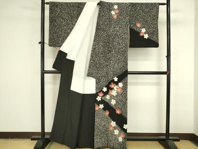 平和屋着物●訪問着 舞花 黒地 たたき染め 鬼しぼ縮緬 高島屋扱い 正絹 逸品 DABK2981op