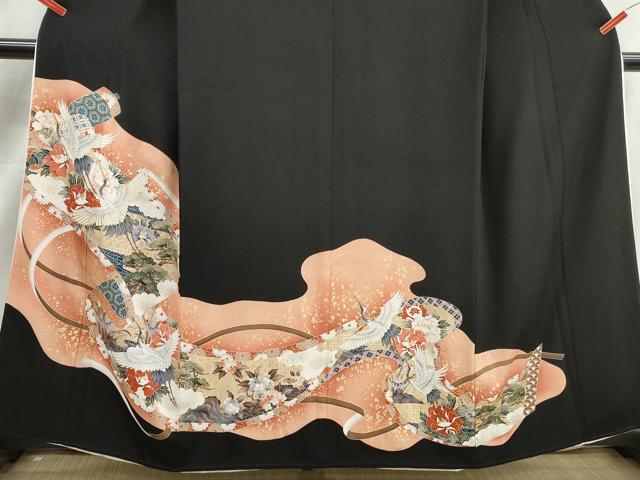 平和屋着物■豪華黒留袖 駒刺繍 飛鶴花文 金彩 正絹 逸品 DABK3095qa