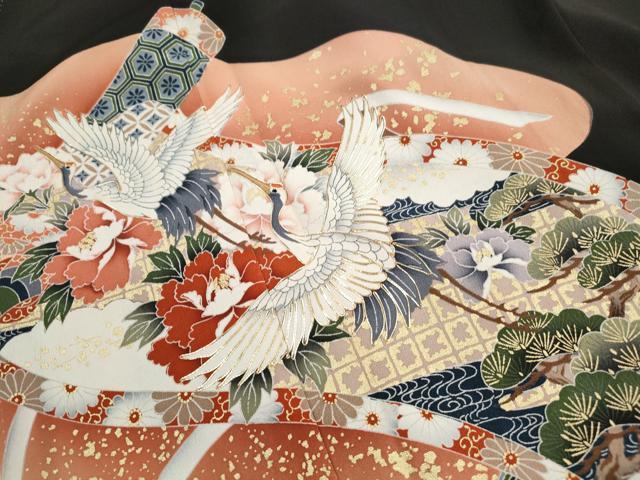 平和屋着物■豪華黒留袖 駒刺繍 飛鶴花文 金彩 正絹 逸品 DABK3095qa