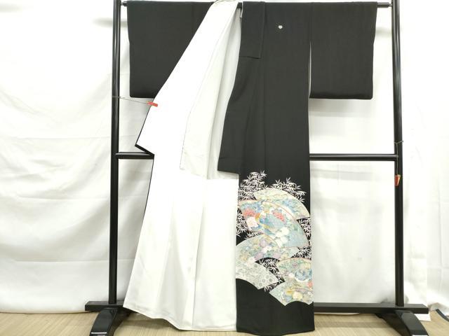 平和屋着物■豪華黒留袖 刺繍 地紙孔雀花文 牡丹 金糸 正絹 逸品 DABK3160qa