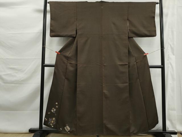 平和屋着物■豪華色留袖 総刺繍 破れ色紙花蝶文 濃海松茶色 正絹 逸品 DABK3306qa