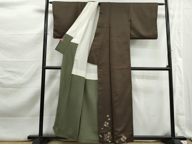 平和屋着物■豪華色留袖 総刺繍 破れ色紙花蝶文 濃海松茶色 正絹 逸品 DABK3306qa