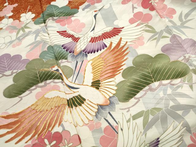 平和屋着物■豪華振袖 駒刺繍 飛鶴花松文 金彩 正絹 逸品 DABK3354qa