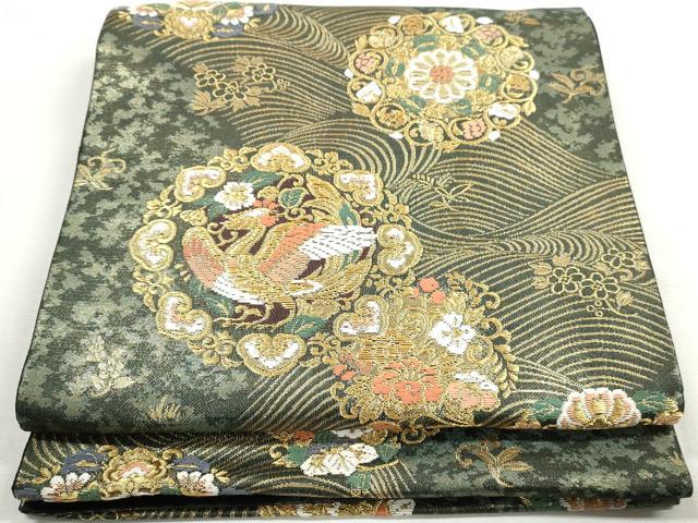 平和屋着物◎六通柄袋帯 竹屋町刺繍 正倉院花鳥文 金糸 引箔 正絹 逸品 DABK3392qa