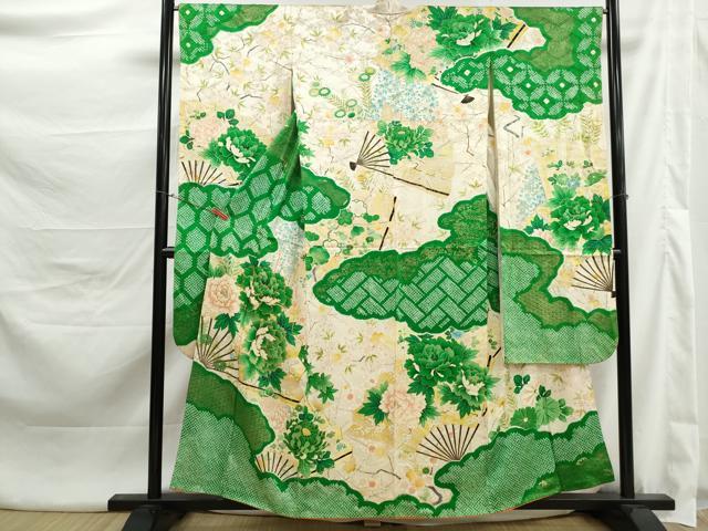 平和屋着物■豪華振袖 駒刺繍 絞り 雲取り扇面花文 牡丹 金彩 正絹 逸品 DABK3421qa