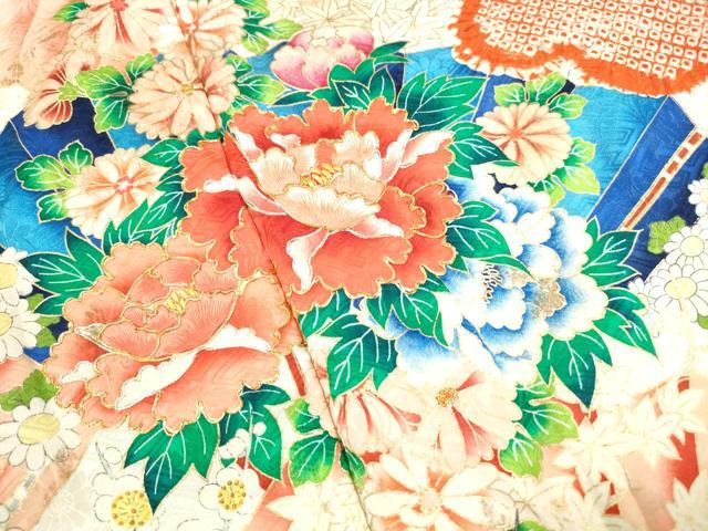 平和屋着物■豪華振袖 駒刺繍 絞り 扇面草花文 牡丹 金彩 正絹 逸品 DABK3424qa