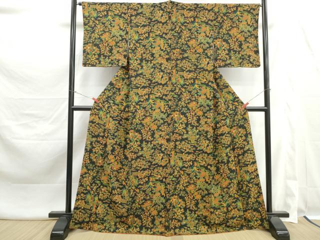 平和屋着物■上質な小紋 風景花文 黒地 鬼しぼ縮緬 正絹 逸品 DABK3434qa