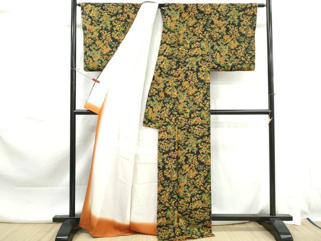 平和屋着物■上質な小紋 風景花文 黒地 鬼しぼ縮緬 正絹 逸品 DABK3434qa