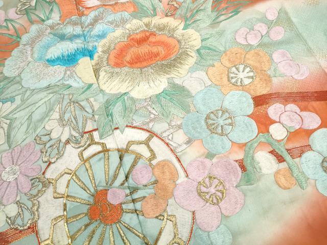 平和屋着物■豪華振袖 総刺繍 駒刺繍 花車文 暈し染め 金銀糸 正絹 逸品 DABK3477qa