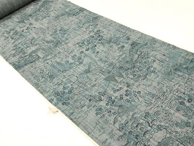平和屋着物▼小紋 反物 着尺 作家物 紬地 風景草花文 逸品 未使用 DABK3557zy